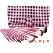 Набір кистей для макіяжу, рожевий в клітку чохол (10 шт)